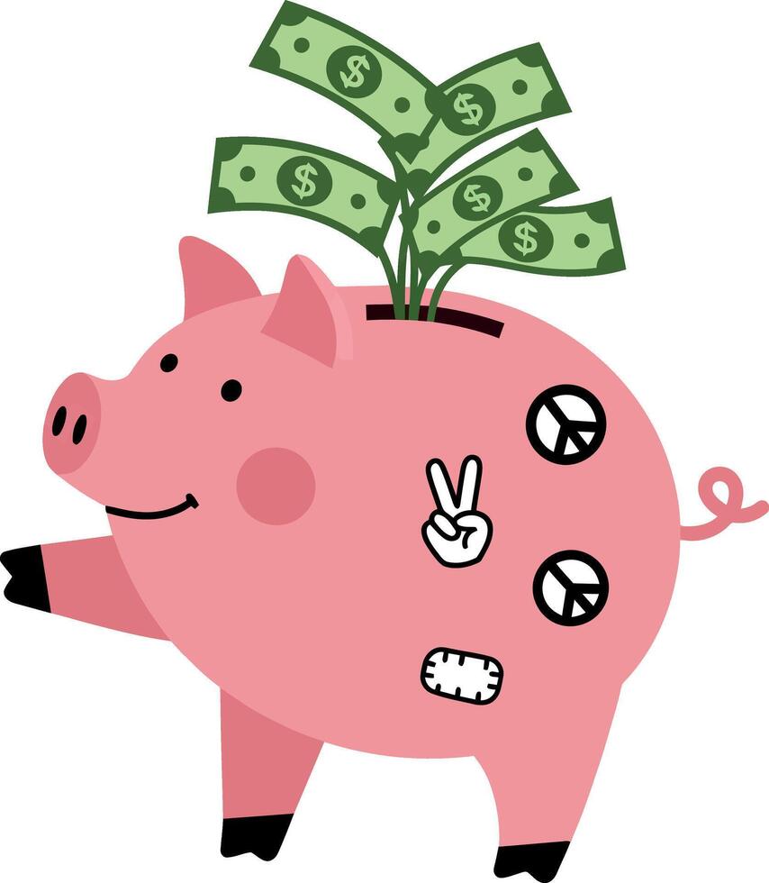 A cheerful pink piggy bank design in flat style with dollar bills sprouting, art vector
