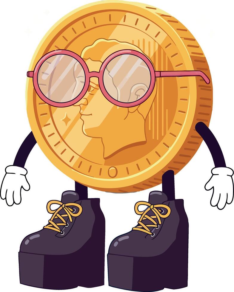 A cheerful coin character wearing stylish glasses and shoes in a flat art style vector