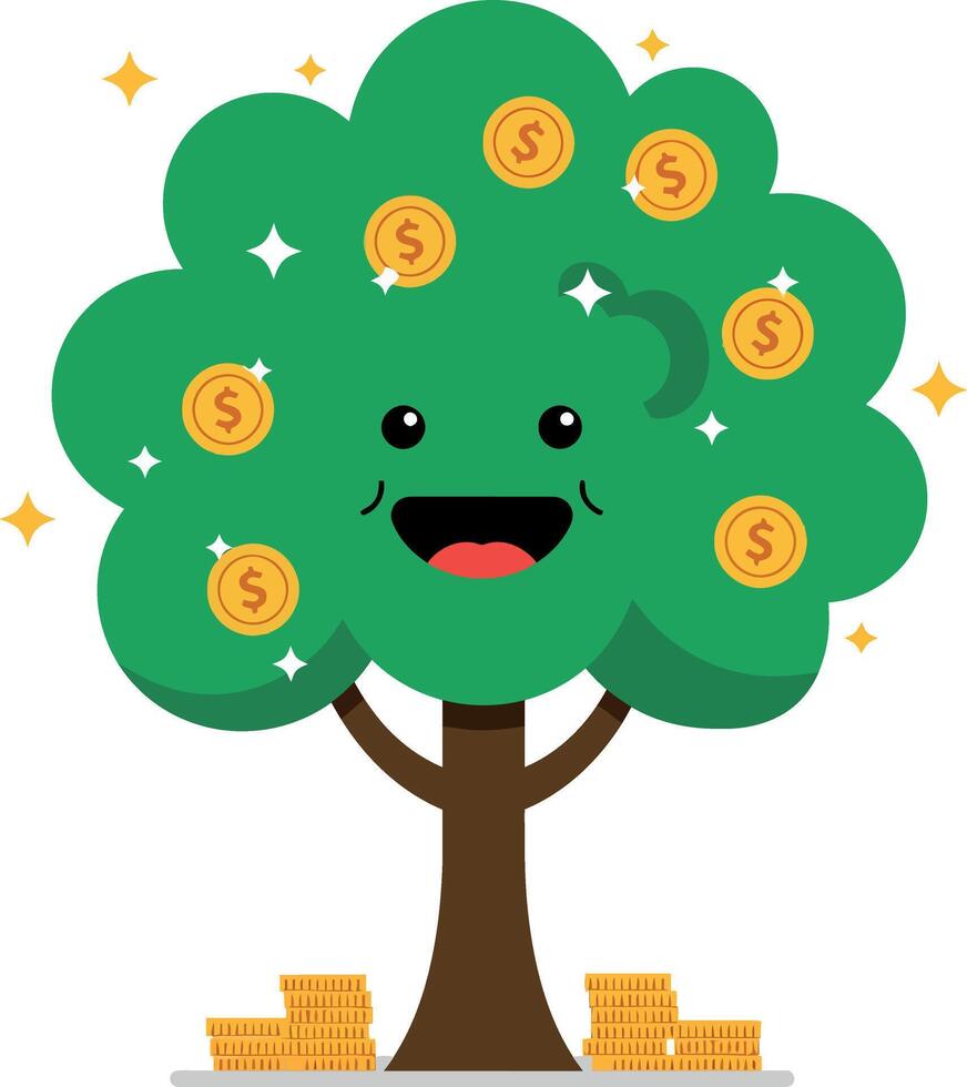 Cheerful cartoon tree with smiling face and coins, flat illustration vector