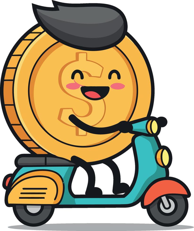 Happy cartoon coin character riding a colorful scooter in a playful and minimal illustration vector