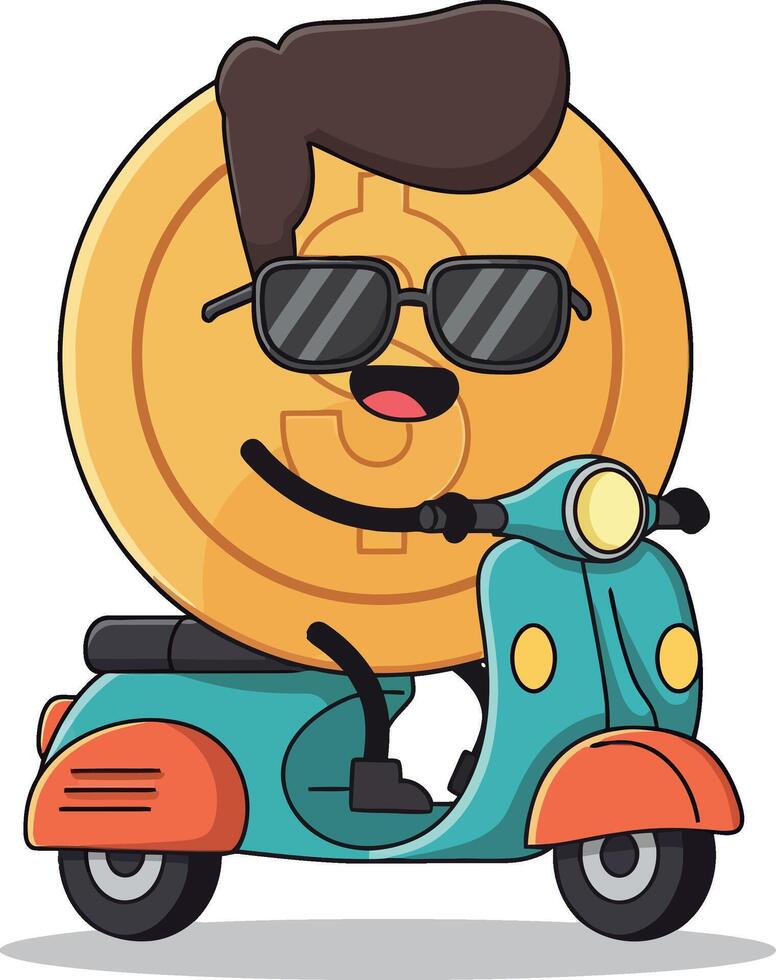 A cheerful cartoon coin character riding a colorful scooter in a playful and minimal illustration vector