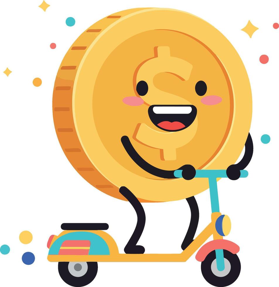 Happy coin character riding a scooter in a colorful flat illustration vector