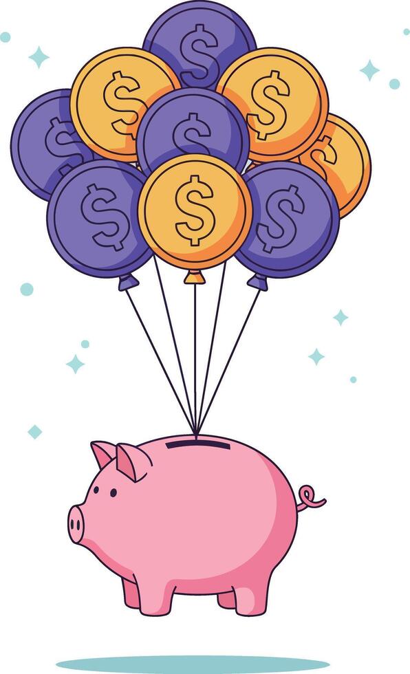 Pink piggy bank floating with colorful dollar sign balloons in a playful flat illustration vector