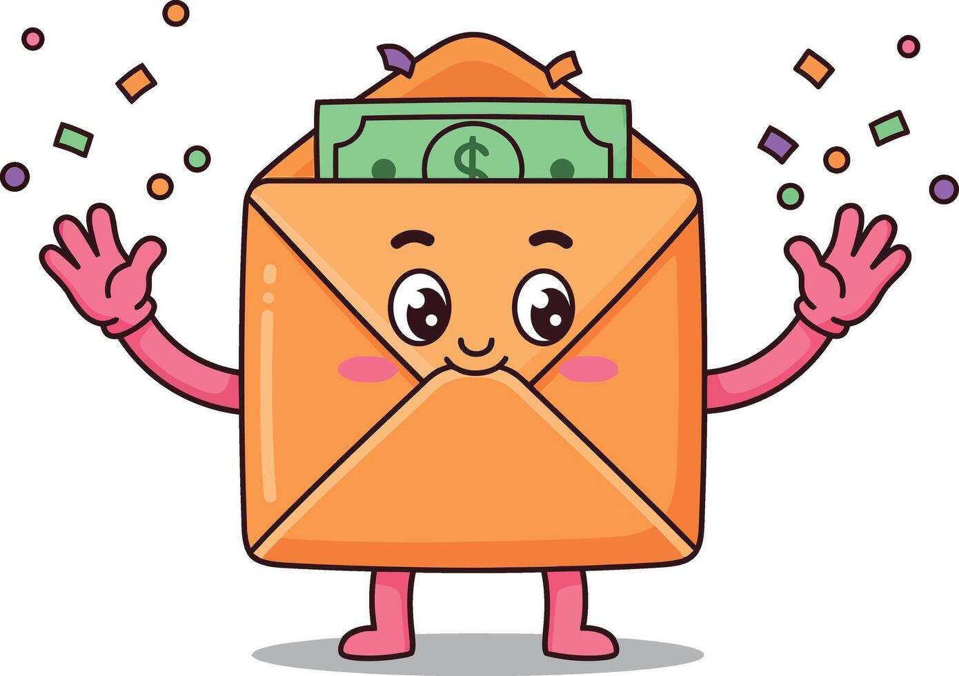 Happy envelope character holding cash with colorful confetti in a flat illustration vector