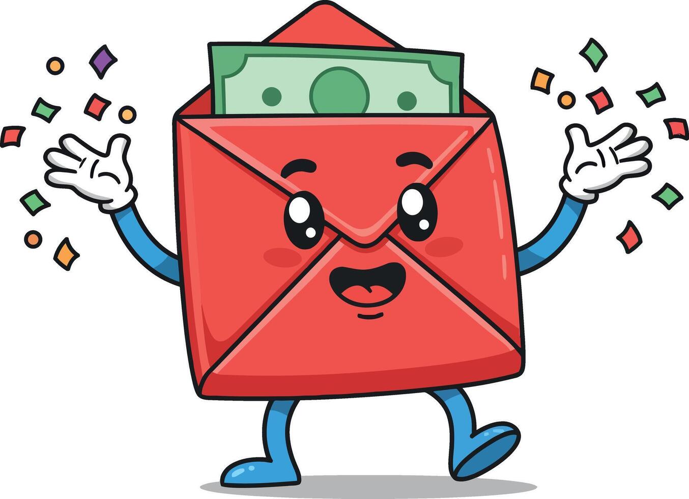 Cheerful envelope character with money celebrating in a colorful, playful style art vector