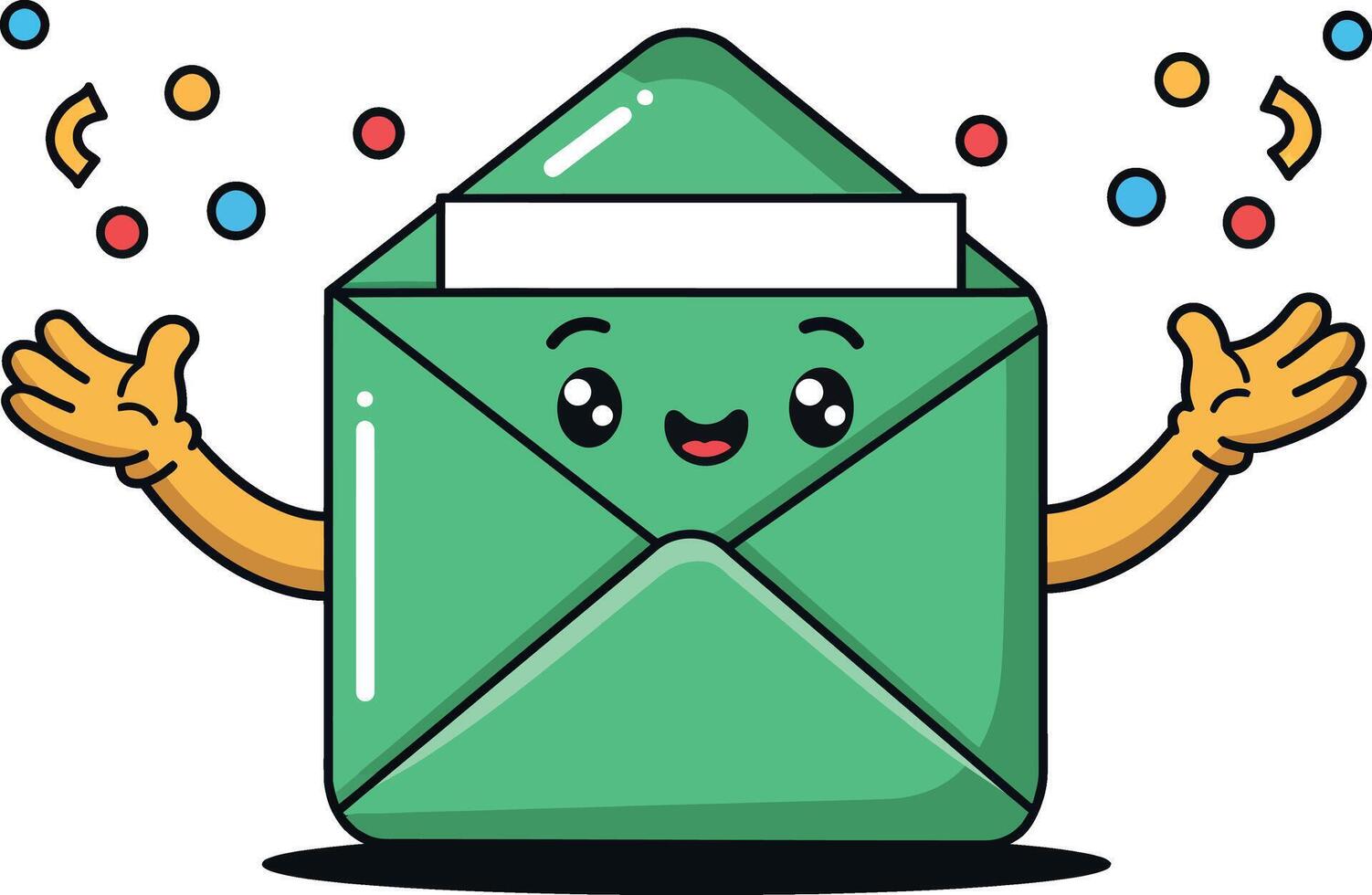 Green envelope with smiling face celebrating, flat design illustration vector