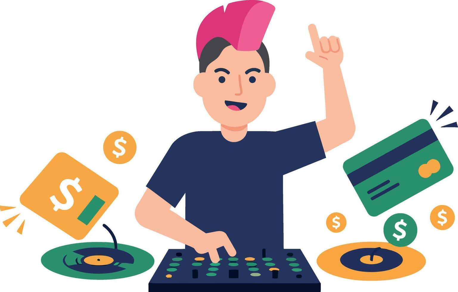 DJ with pink hair mixing music at a turntable in a vibrant flat illustration vector