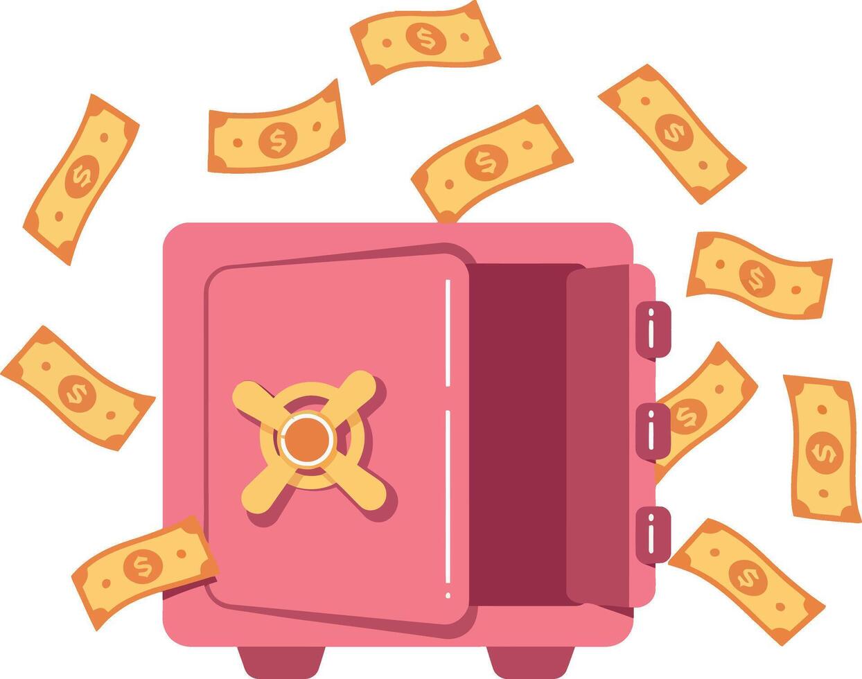 A pink safe overflowing with cash in a flat illustration style showcasing wealth and abundance vector
