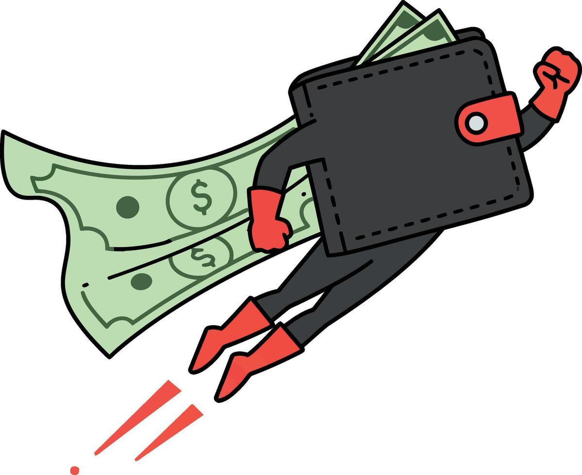Superhero wallet character with cash flying through the air in flat art vector