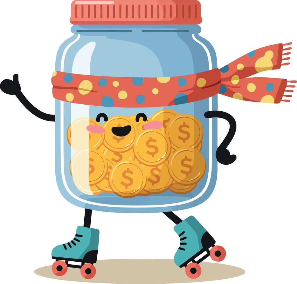 Cheerful money jar character on roller skates wearing a colorful scarf in flat art vector