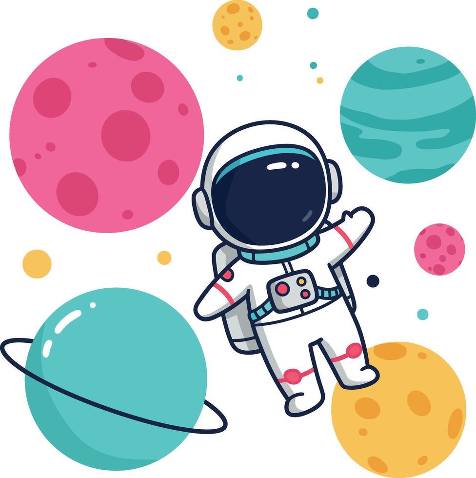Astronaut floating among colorful planets in a whimsical flat illustration vector