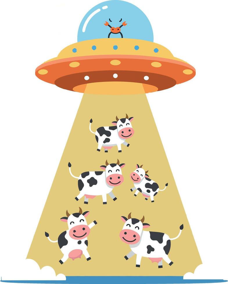 A whimsical UFO abducting playful cows in a colorful flat illustration vector