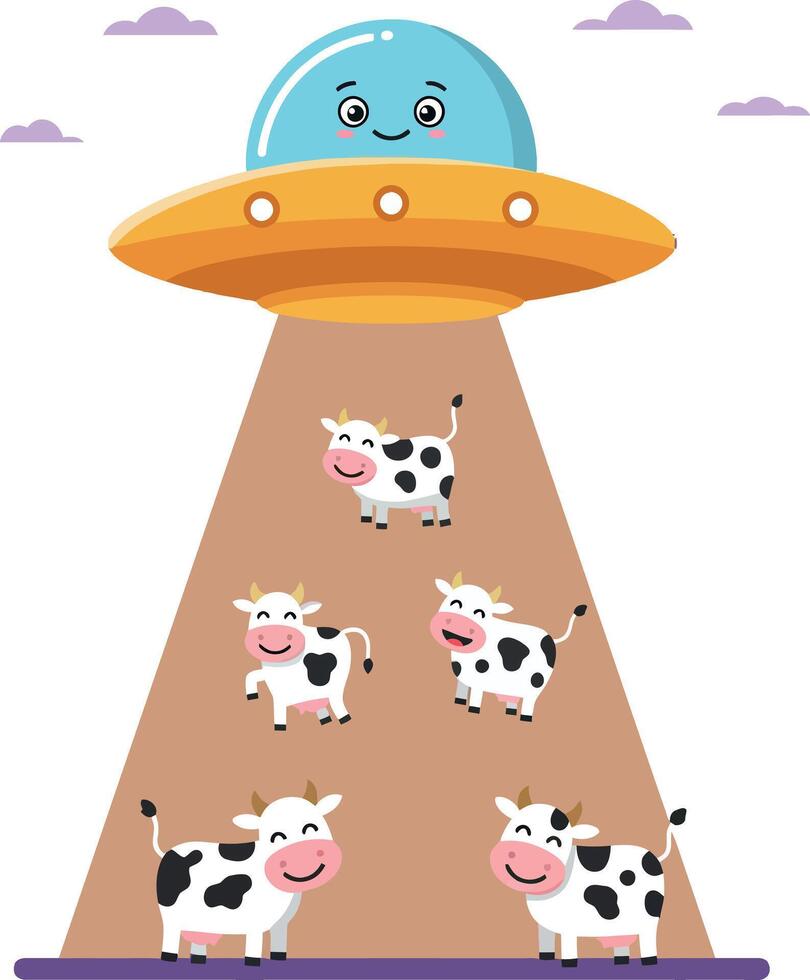 A cheerful UFO beaming up playful cows in a flat, colorful illustration vector
