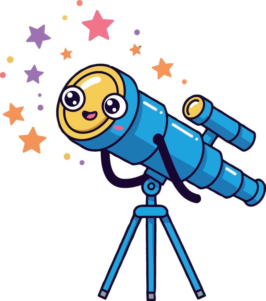 Happy cartoon telescope with smiling face and colorful stars in a flat illustration vector