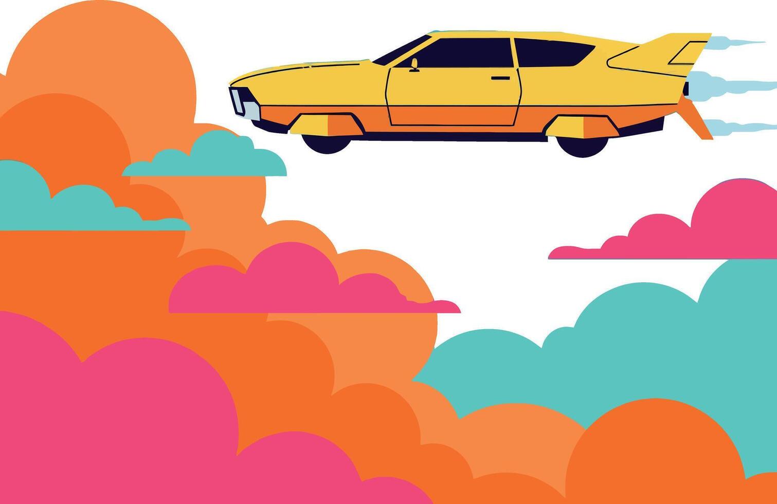 Yellow vintage car soaring through colorful clouds in a flat design illustration vector