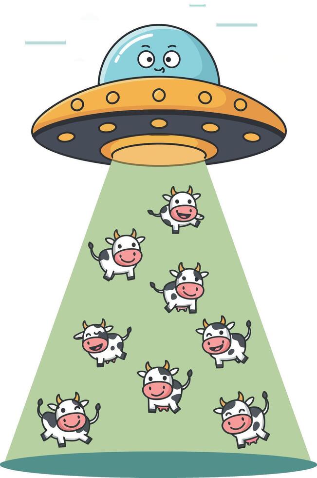 A whimsical flying saucer abducting playful cartoon cows in a flat illustration vector