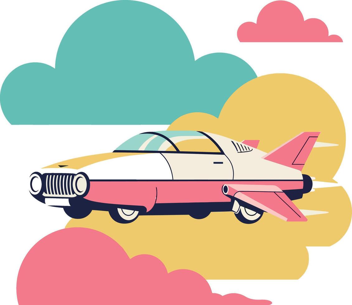 Futuristic airplane soaring through colorful clouds in flat art vector