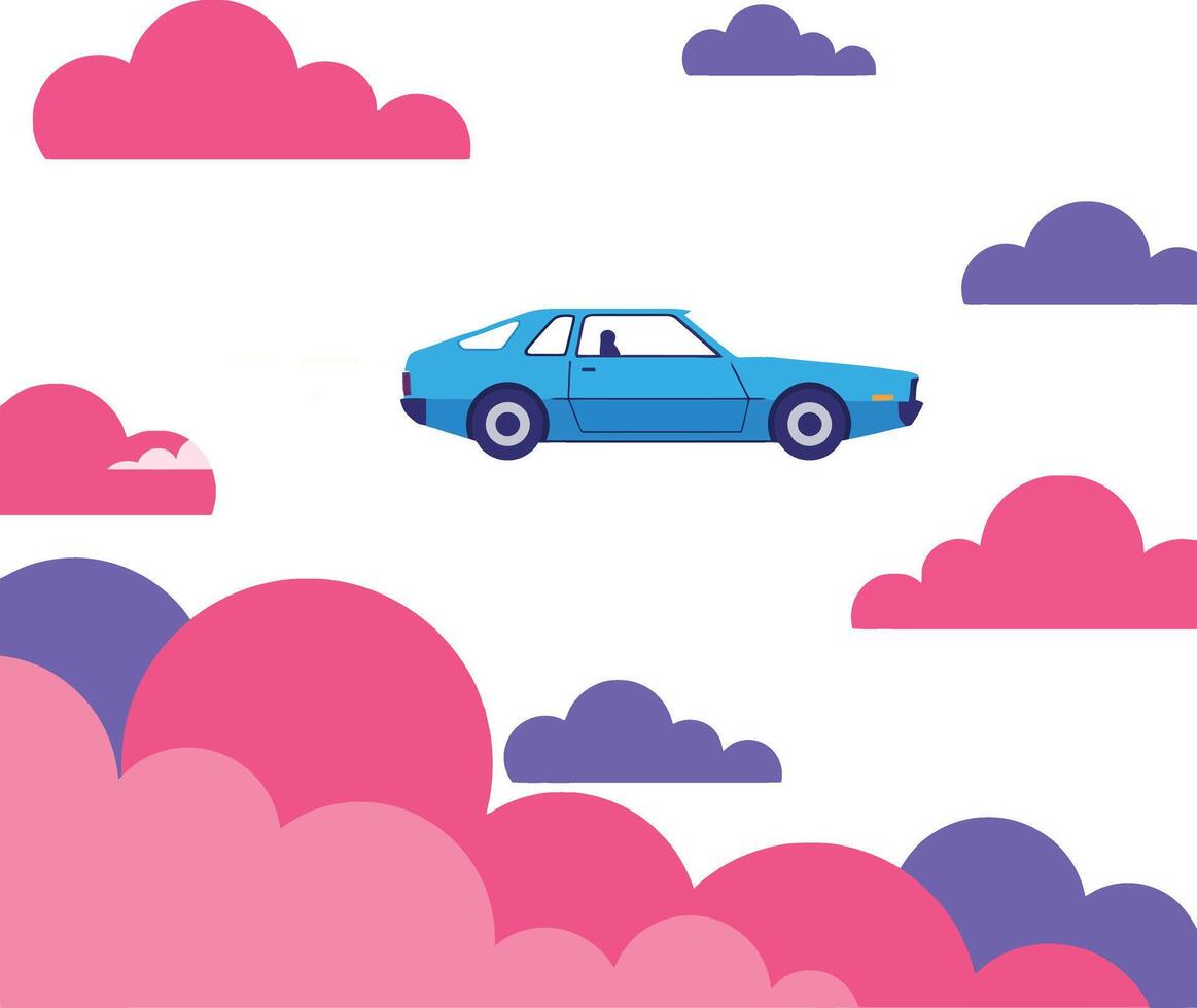 Blue car soaring through colorful clouds in a flat design illustration vector