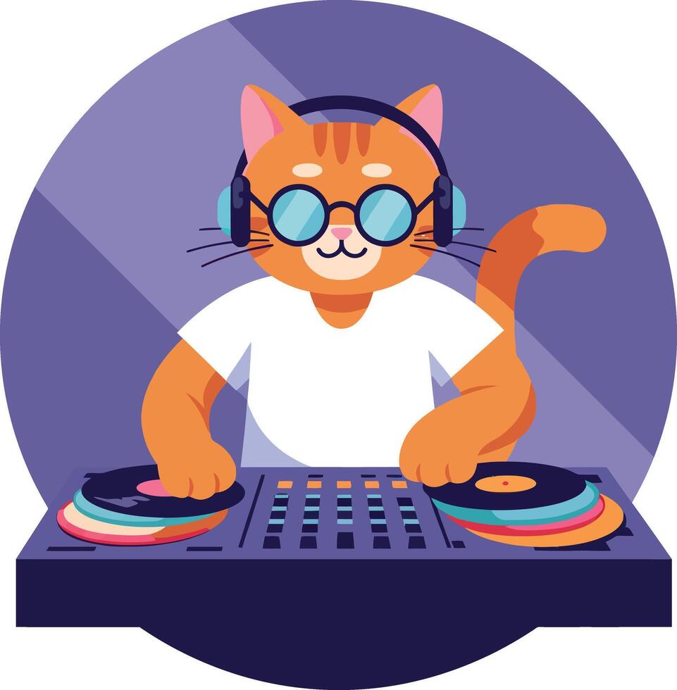 A playful orange cat DJ mixing music on turntables in a flat, colorful illustration vector