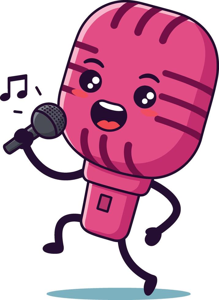 Cheerful cartoon microphone character singing with joy in a playful flat illustration vector