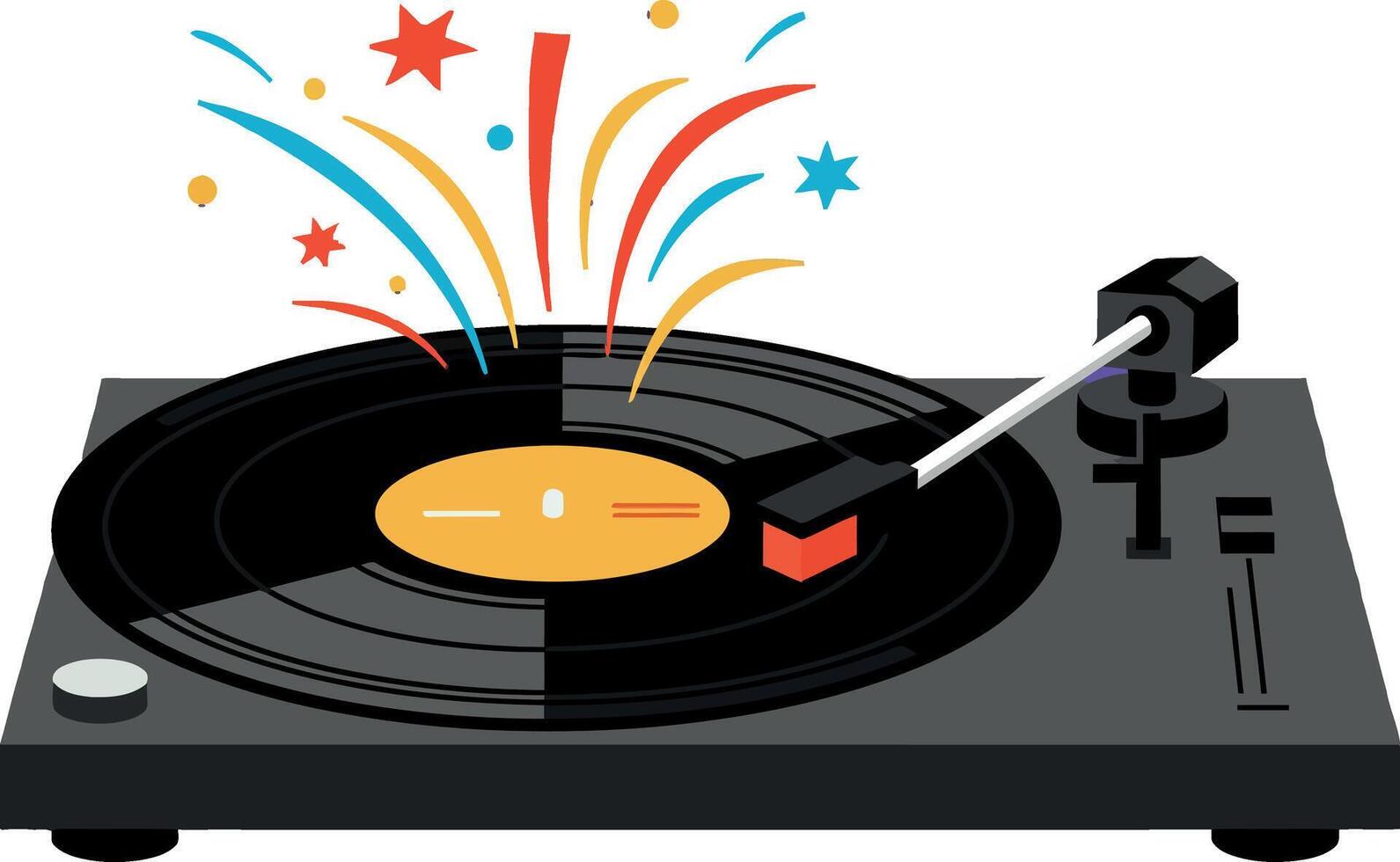 Turntable with vibrant colors and playful fireworks in a flat illustration vector