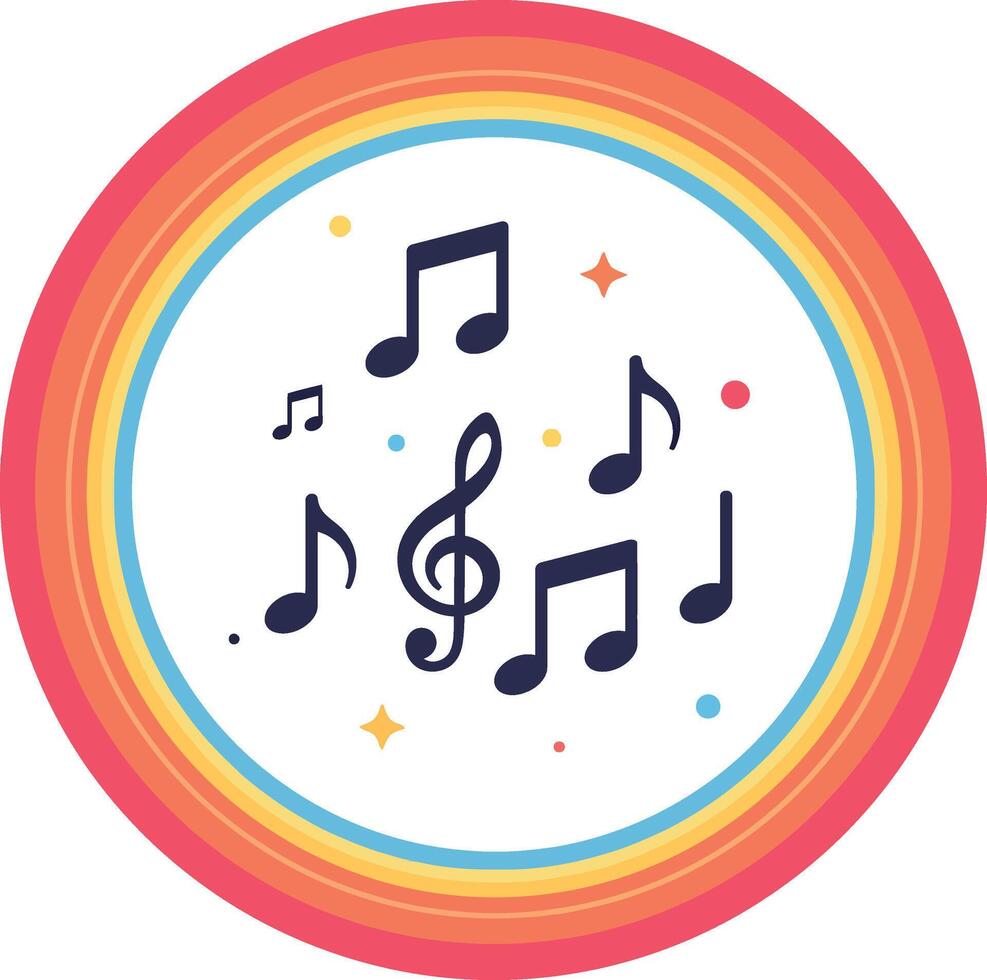 Colorful musical notes surrounded by a vibrant rainbow in flat art vector