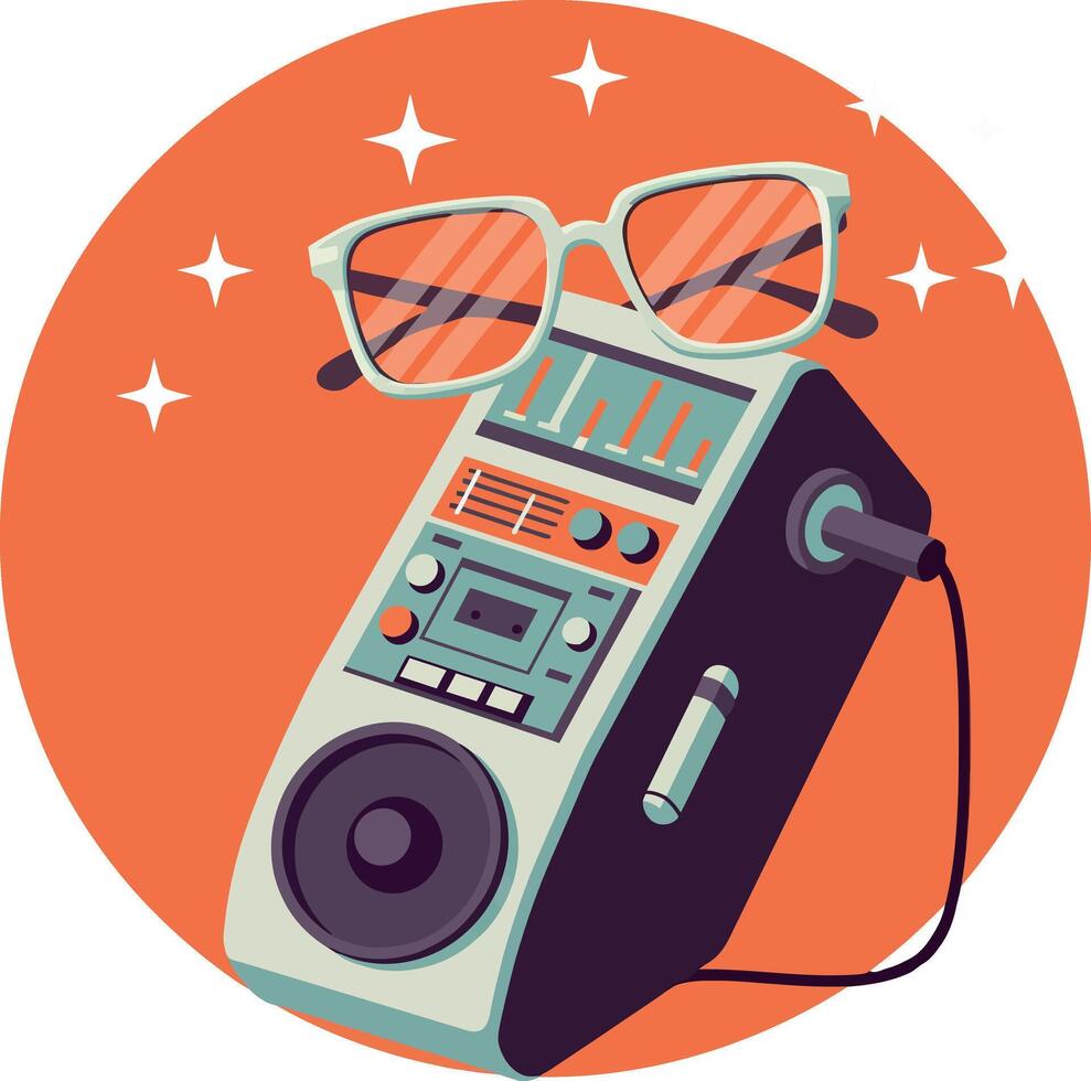 Retro boombox wearing stylish glasses in flat art illustration vector