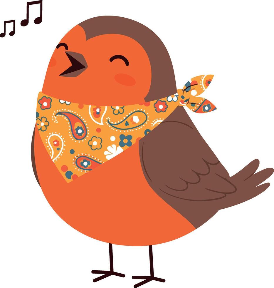 Cheerful orange bird wearing a colorful scarf singing joyfully in a flat illustration vector