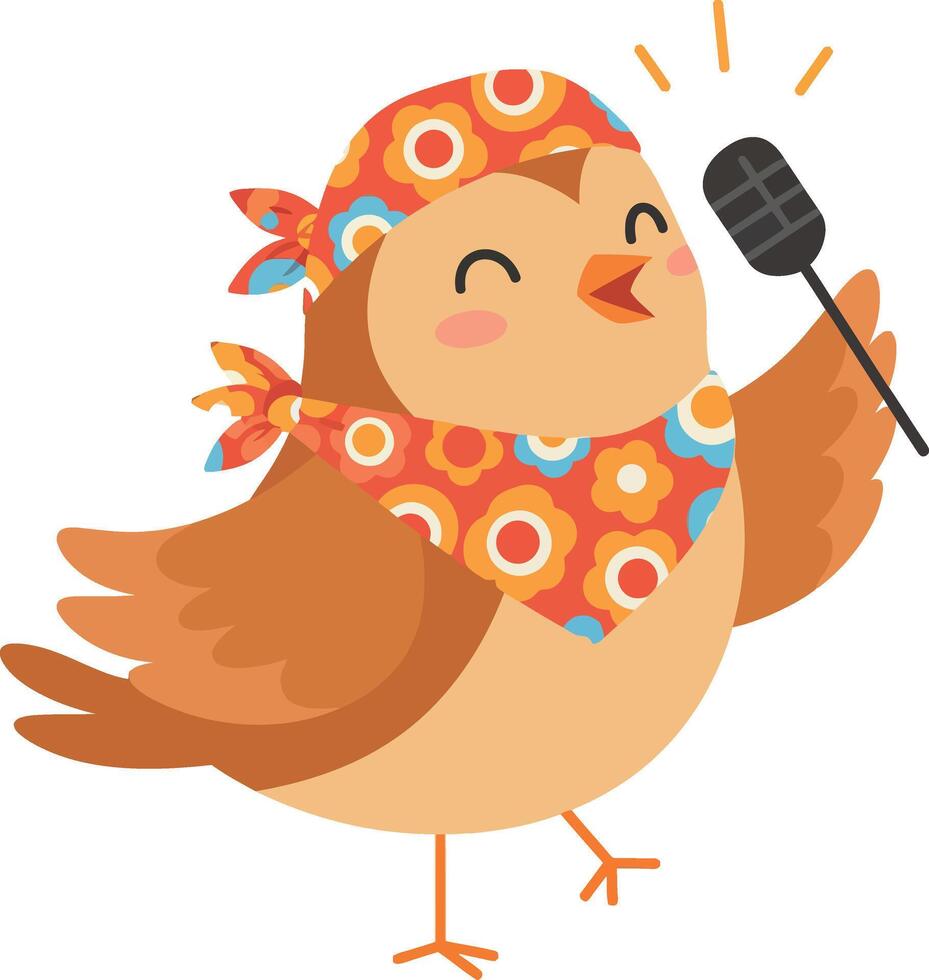 A joyful singing bird wearing a colorful scarf in flat art vector