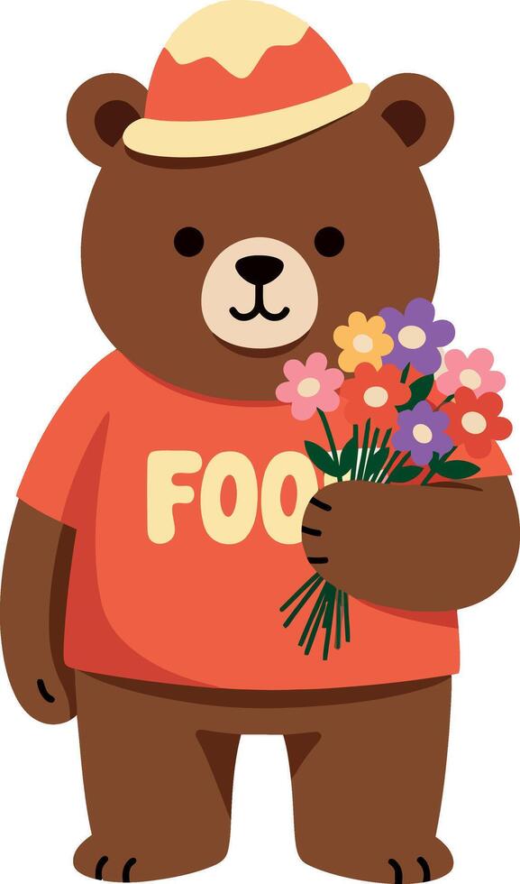 Cute bear in a red shirt holding a bouquet of colorful flowers in a flat illustration vector