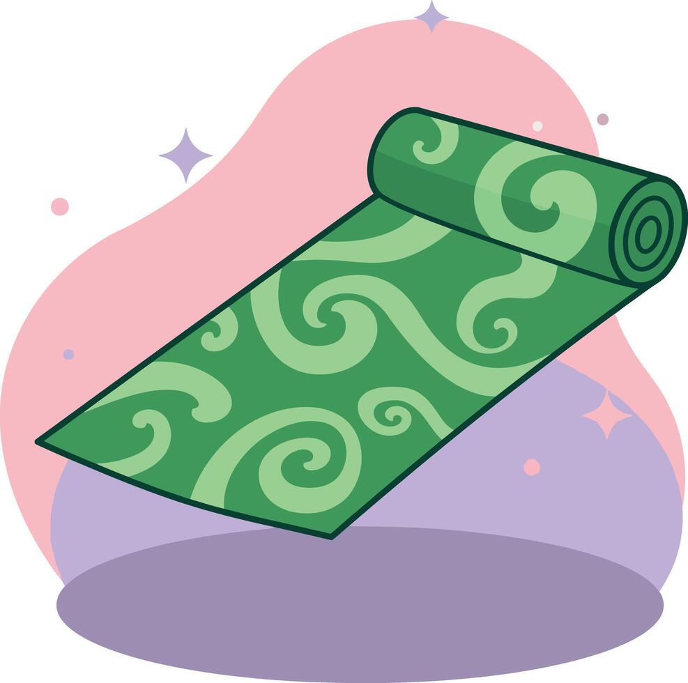 Green patterned yoga mat with swirling designs in a flat illustration vector