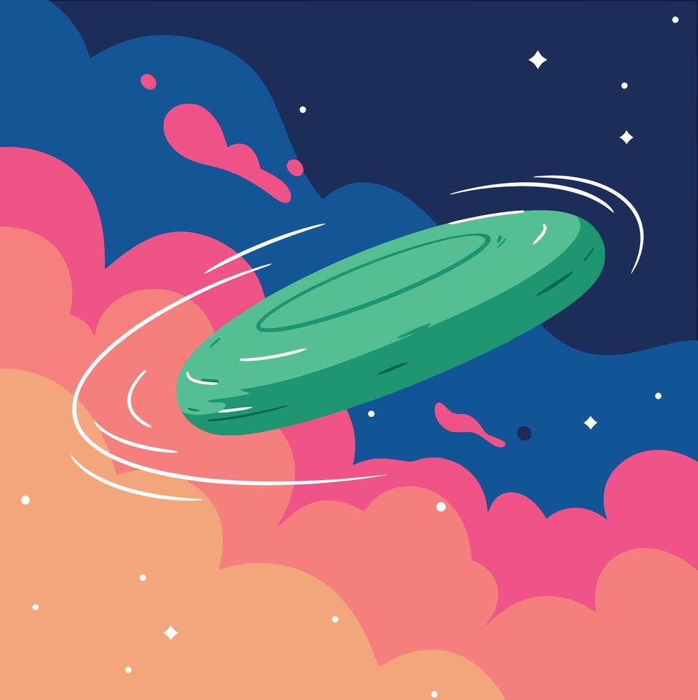 A green flying disc spinning through vibrant clouds in a flat illustration vector