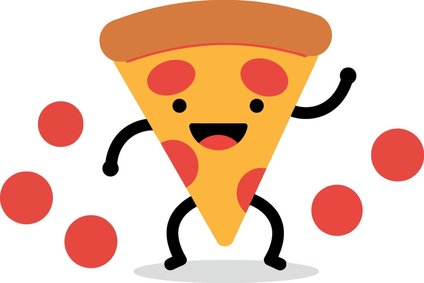 Happy pizza slice character dancing with pepperoni in a playful flat illustration vector