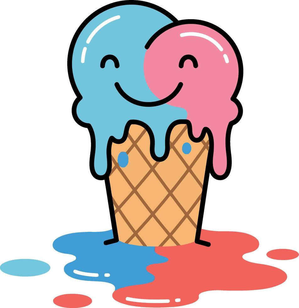 Smiling ice cream cone with blue and pink scoops melting in a playful flat illustration vector