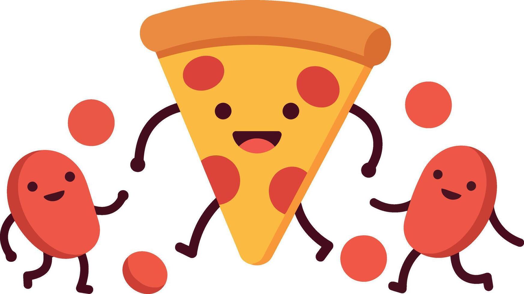 Happy pizza slice character dancing joyfully with playful red beans in a colorful flat illustration vector