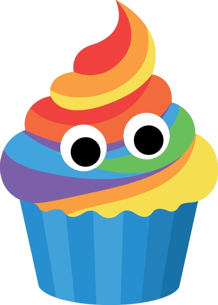 Colorful cupcake character with googly eyes in a flat design illustration vector