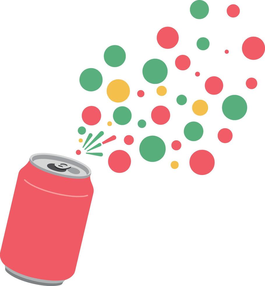 Red soda can with colorful bubbles bursting out in flat art vector