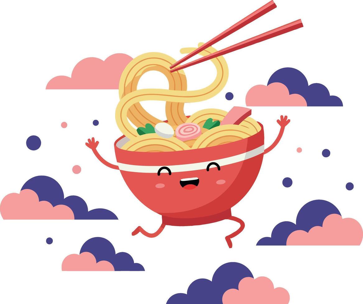Cheerful animated bowl of noodles with chopsticks in a playful flat illustration vector
