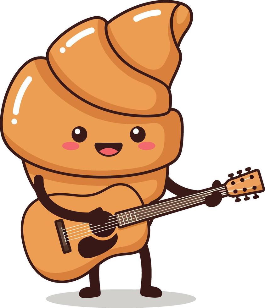 Happy cartoon croissant character playing guitar in a flat and cheerful illustration vector