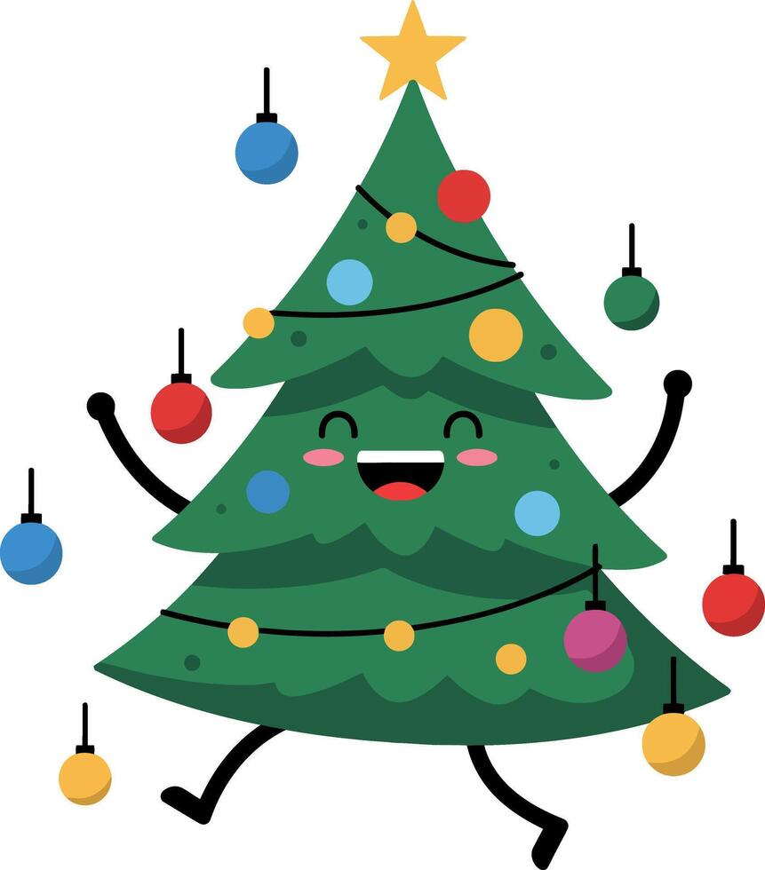 Happy cartoon Christmas tree with ornaments and star in a flat art style vector