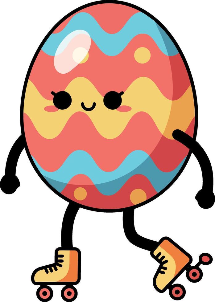 A colorful Easter egg character roller skating in a playful flat illustration vector