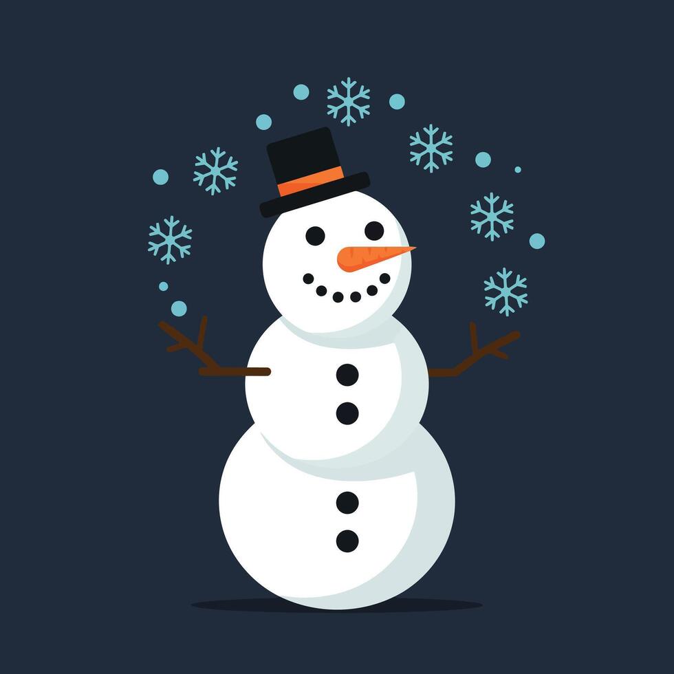 Snowman with Black Hat and Carrot Nose Surrounded by Falling Snowflakes in Flat Art vector