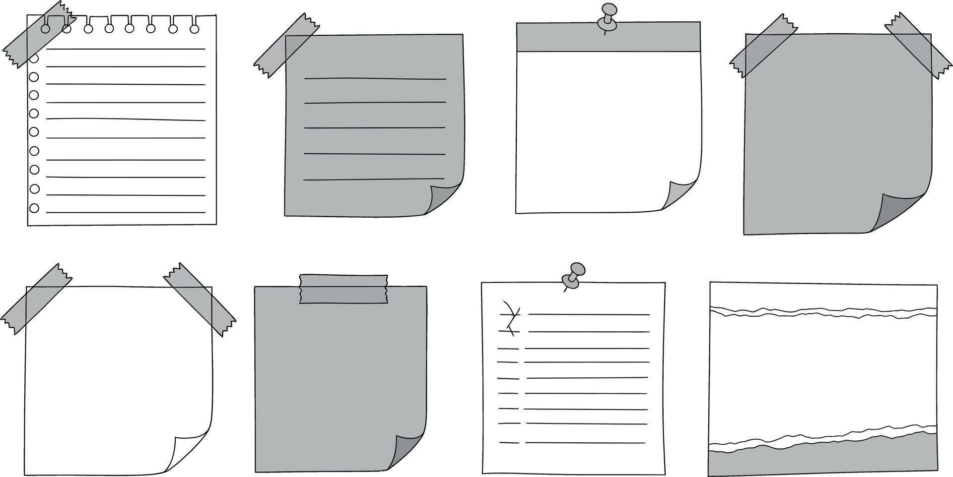 Sticky notes in various shapes and sizes with paper clips in a flat illustration vector