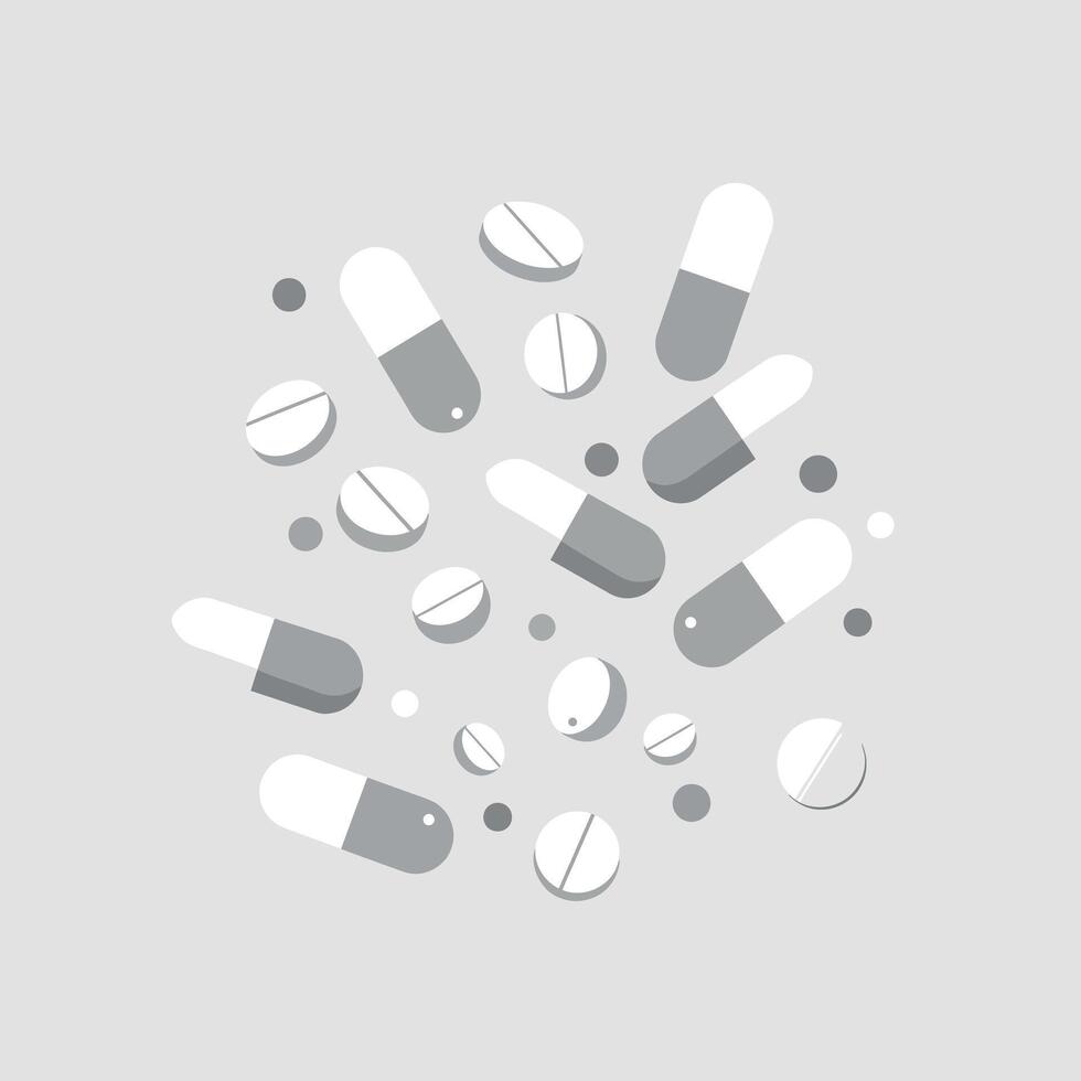 Assorted capsules and pills in a minimalistic flat style illustration vector