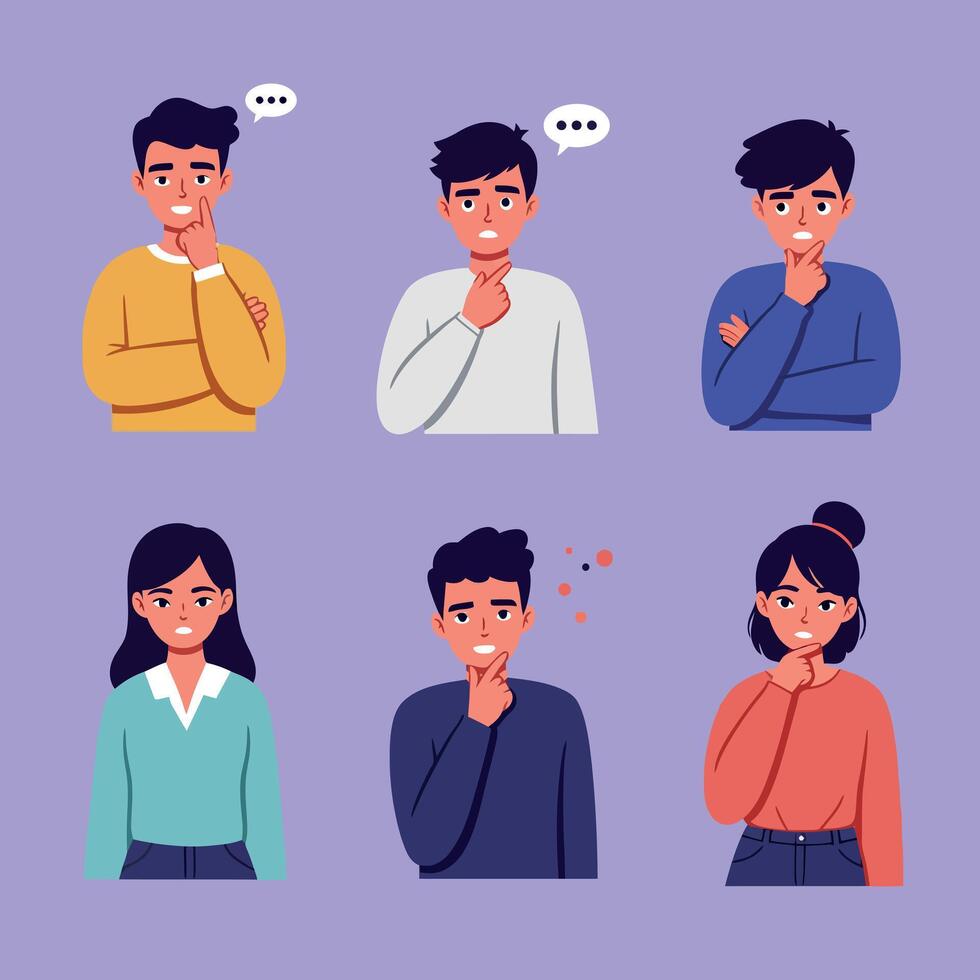 Six diverse individuals expressing various emotions in a flat illustration vector