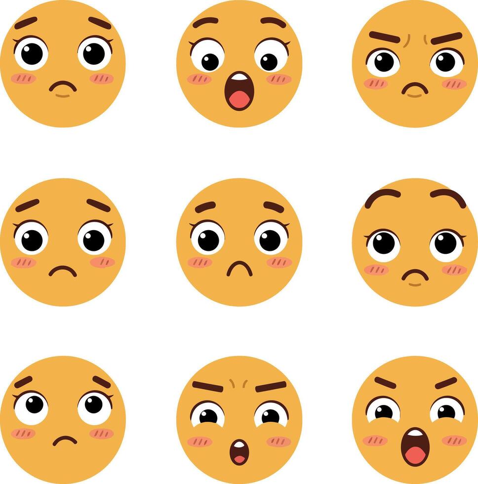 Nine expressive emoticons featuring various facial expressions in a flat design style illustration vector