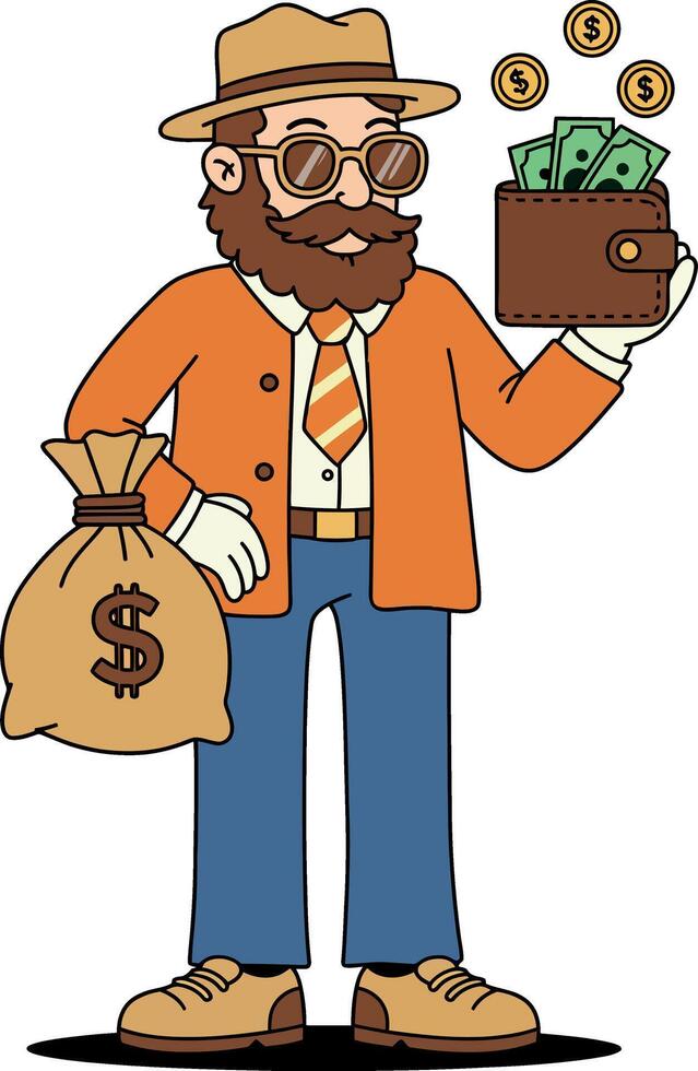 A wealthy man with a money bag and wallet, wearing stylish clothes in flat art vector