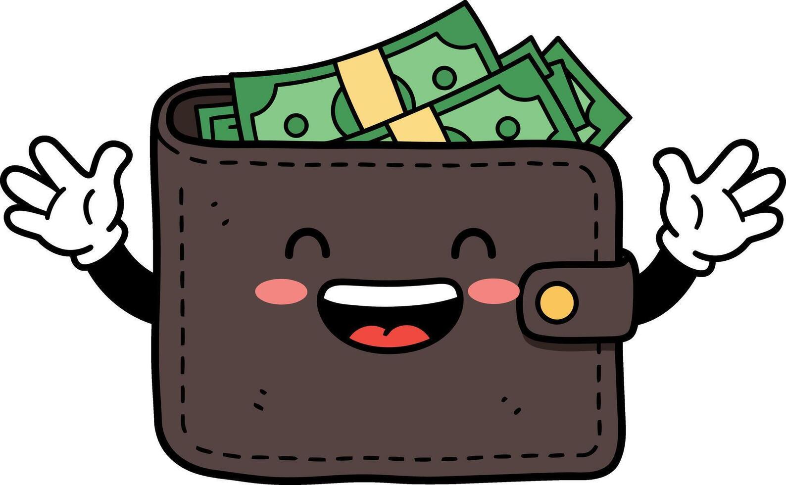 Happy cartoon wallet with cash and cheerful expression in flat art vector