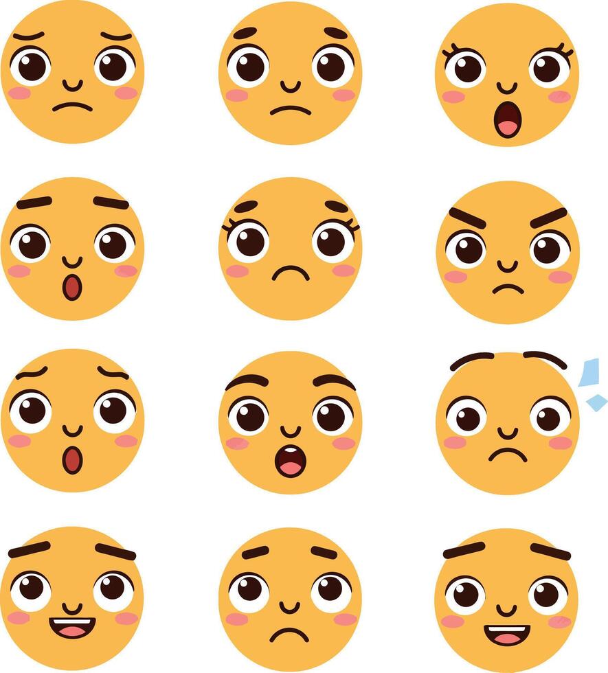 Collection of expressive cartoon faces showcasing various emotions in flat art style vector