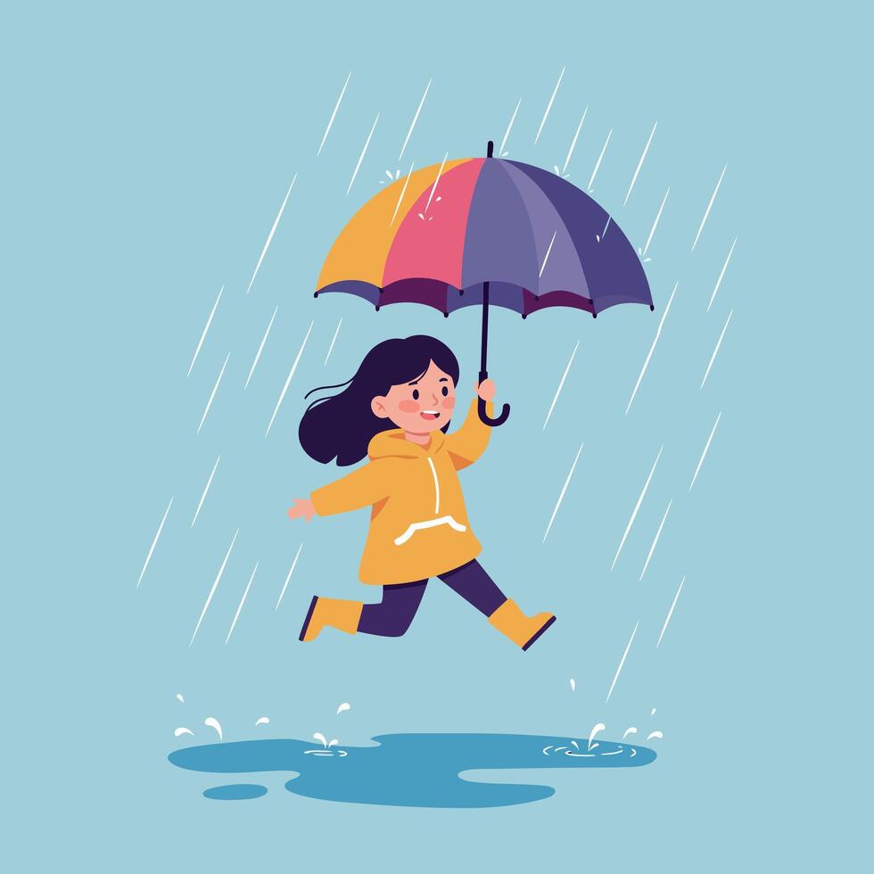 Cheerful girl in a bright yellow raincoat jumping in puddles with a colorful umbrella in flat art vector